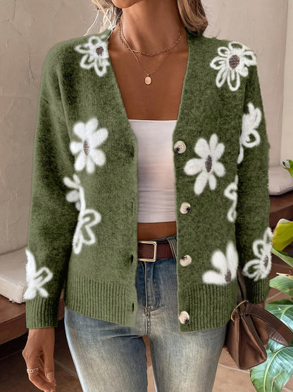 Women's Printed Button Cardigan V-neck Drooping Shoulder Coat