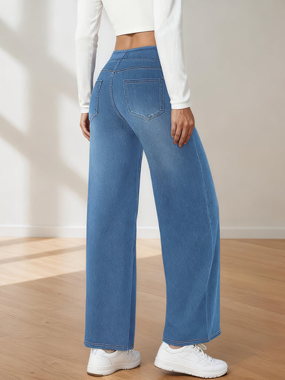 Women's Stretch Waistband Jeans High Waisted Slim Wide-Legged Jeans Loose Straight Leg Pants with Pockets Designed for All Seasons Versatile for Everyday And Formal Wear Machine Washable Women's Trendy Denim Pants for Office Wear Outdoor Jeans
