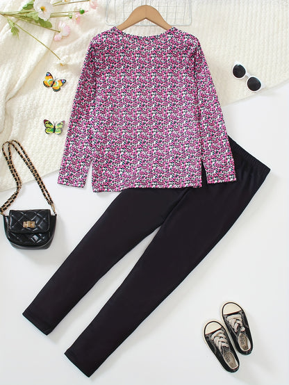 Girls' 2pcs Set Long Sleeve Top and Jeggings with Butterfly & Leopard Print, Crew Neck Pullover, Regular Fit Knit Polyester 95% with 5% Elastane, Long Length, for Spring/Fall Casual Wear, for Outdoor, Perfect for Outdoor