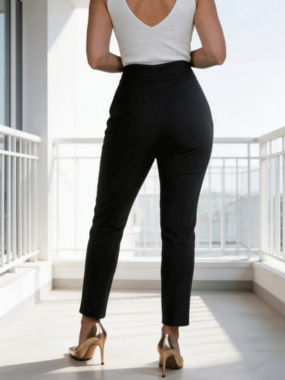 Women's High Waisted Stretch Slim Fit Cropped Trousers, Office Casual Work Pants with Metal Detail