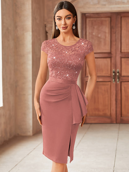 [Wedding Guest Graduation] 13169 Womens Elegant Sequin Lace Bridesmaid Midi Dress With Cap Sleeves Ruffle Hem Round Neck Side Slit For Summer Wedding Guest Graduation Formal Party Evening Event