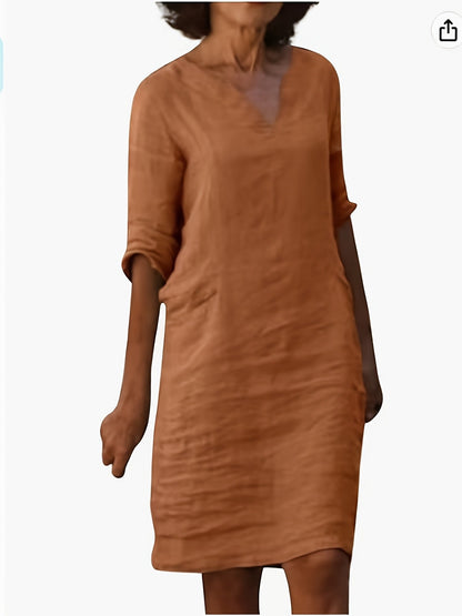 [Stylish Linen Dress] Autumn Linen Dress With A Small V-Neck, Featuring A Stylish And Elegant Look. It Has A Retro, Simple And Solid Color Design, And Comes With Three-Quarter Sleeves