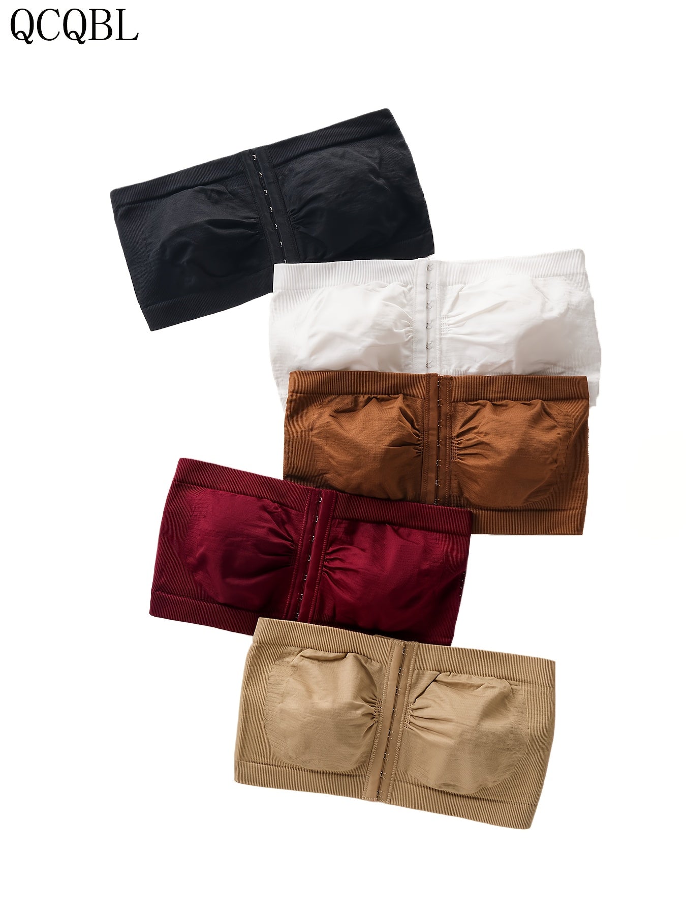 5pcs Plus Size Front Closure Bra Set, Elegant Nylon Fabric Plus Size Women's Bandeau, Wireless Design Front Closure Plus Size Women's Strapless, Medium Stretch, Solid Color, No Padding