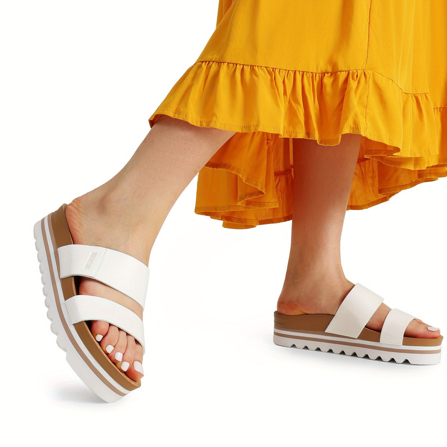 Women'S Platform Slides Sandals with Arch Support, Comfortable Beach Slip-on Flat Sandals, Casual 2-Strap Cork Cushion Wedges for Women Fashion Shoes Quick On and Off Suitable for different occasions