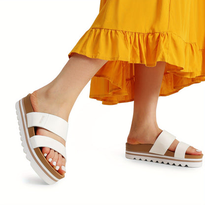 Women'S Platform Slides Sandals with Arch Support, Comfortable Beach Slip-on Flat Sandals, Casual 2-Strap Cork Cushion Wedges for Women Fashion Shoes Quick On and Off Suitable for different occasions