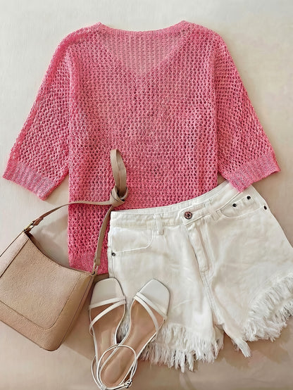 A Stylish Loose-Fitting Top with a Solid Color, V-Neck, And Hollow Design, Featuring Short Sleeves And New.