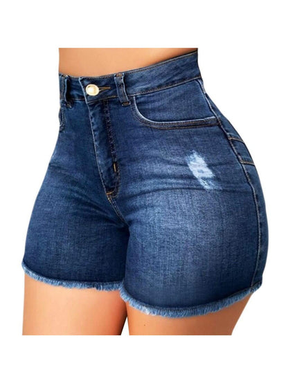 Women's Dark Blue Denim High-Waist Slim-Fit Denim Shorts - product view 6