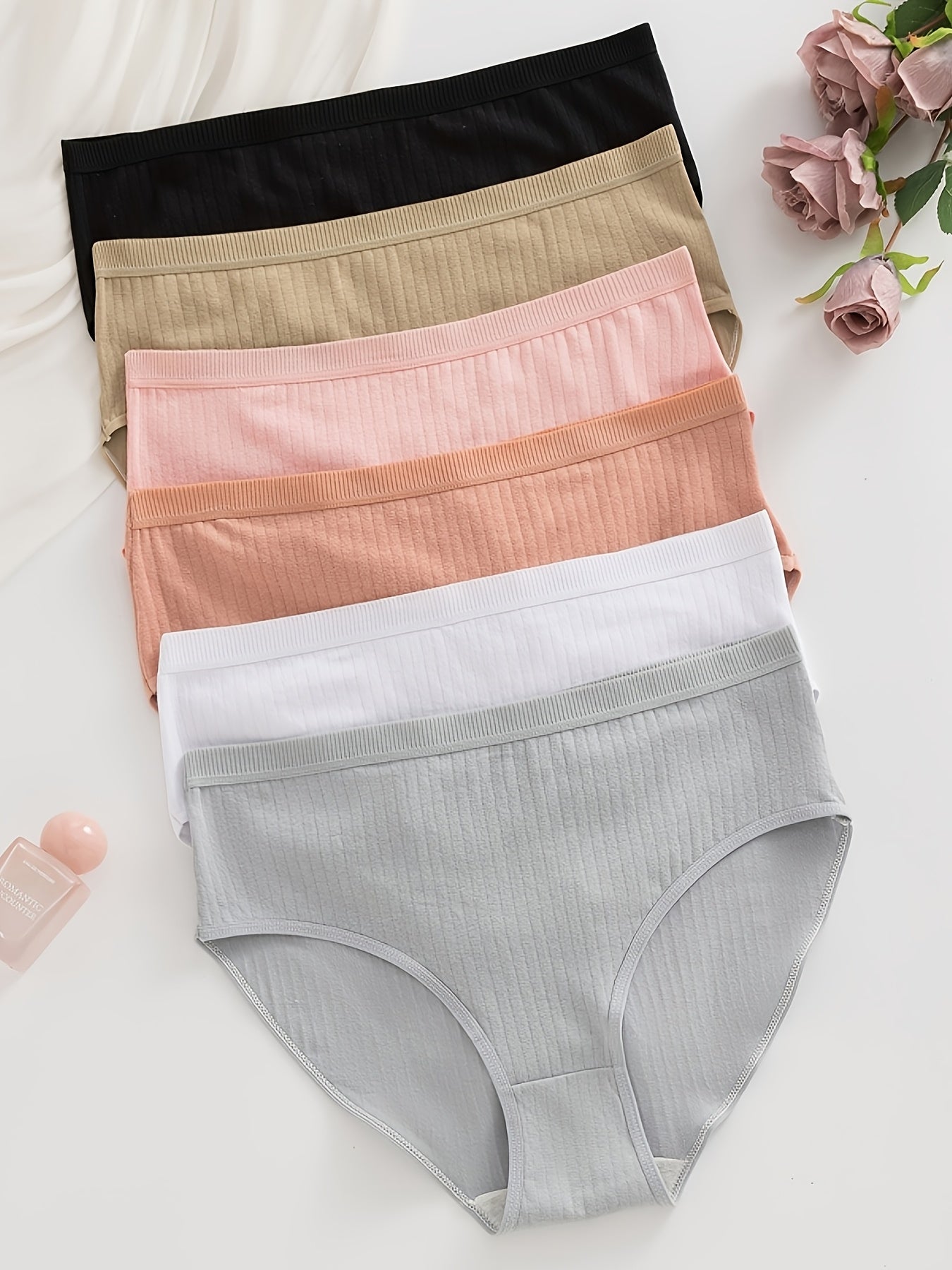 6pcs, Ribbed Underwear, Random Color, Women's Comfortable Breathable Triangle Panties, Soft And Simple Mid-Waist Thong, Maternity Clothes Women