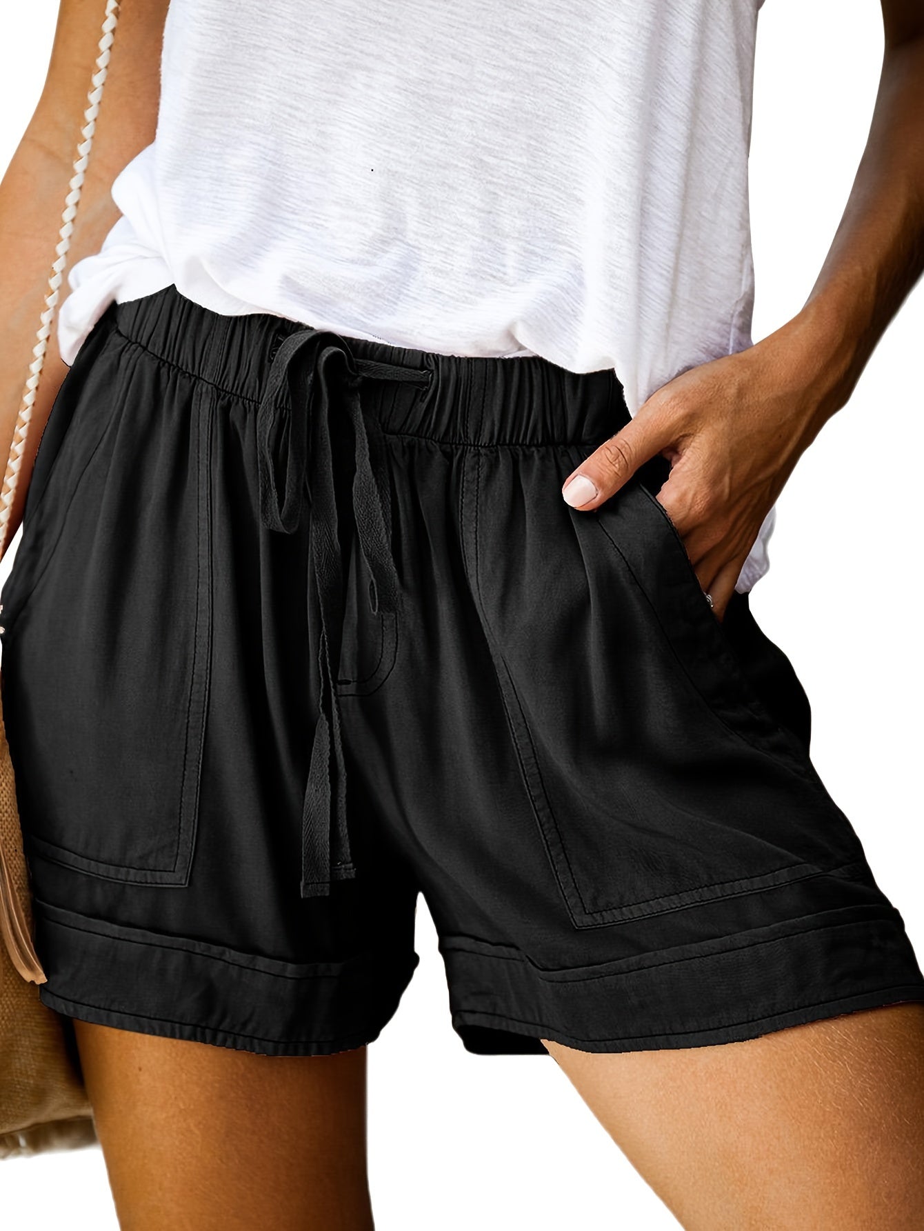 Women'S Comfy Drawstring Casual Elastic Waist Pure Color Shorts Summer Beach Lightweight Short Pants with Pockets