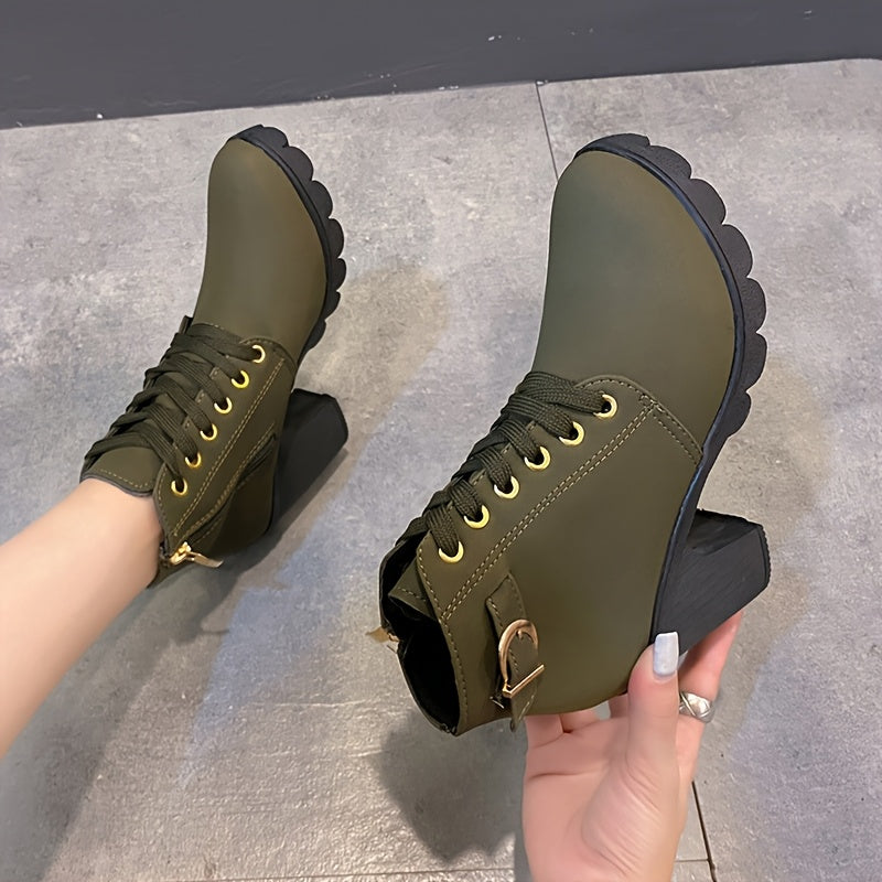 Women's Winter Warm Ankle Boots:Boots for Women Thick Sole & High Heel - Black PU Cover, Side Zipper with Lace-Up Detail, Plain Toe | Chic Everyday Booties | Faux Fur Lined | Rubber Sole, US Size:6.5-10.5, Women Shoes
