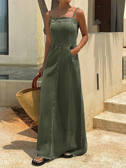 Vintage Washed Denim Maxi Dress for Women Sleeveless Long Jean Dress with Relaxed Non-Stretch Fabric, Casual Boutique Outfit for Spring Fall