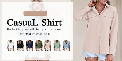 [Women's Slim Fit Lapel Collar Long Sleeve Blouse]-Office Blouses for Women Work, Button Shirt Women, Dressy Casual with Chest Pocket, V Neck Casual Work Blouse Top, Solid Color Roll-Up Cuffs, Spring/Fall Wear, 2025 Trendy