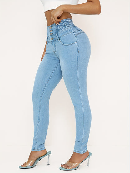 High Waist Skinny Jeans For Women, Casual Stretch Denim, Solid Color, Slim Fit, With Shirring Detail, For All-Season Pants