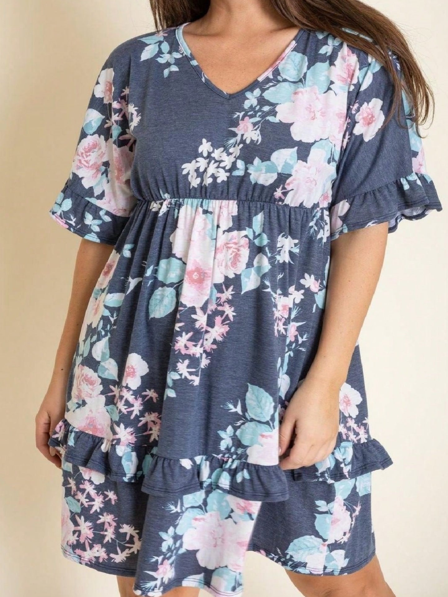 Vintage Boho Navy Pink Yellow White Charcoal Floral Ruffle flutter Trim Midi Dress S-3X