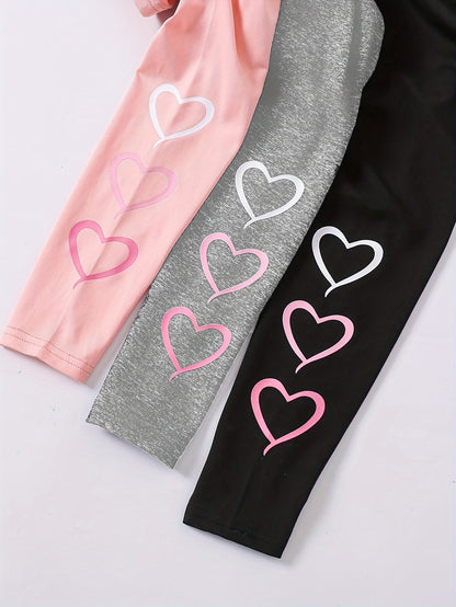 Set of Three Girls' Leggings Featuring a Heart Design, Suitable for Casual Wear in Any Season, for Outdoor