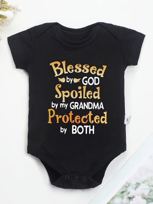 100% Baby Onesies Blessed by God Spoiled by My Grandma Protected by Both Letter Print Versatile Soft Round Neck Baby Onesies, for Outdoor