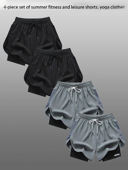 4pcs Summer Women's Casual Sports Shorts, Featuring A Two-piece Layering Design with Letters Suitable for Running And Casual Fitness, Come In Black, Gray, Green And