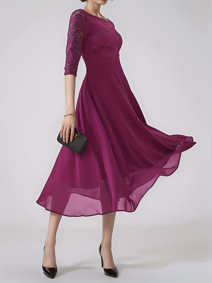 Elegant Navy Blue Lace-Trimmed Chiffon Evening Gown with Short Sleeves And Flowing Skirt, Perfect for Formal Events And Parties, Formal Evening Gown
