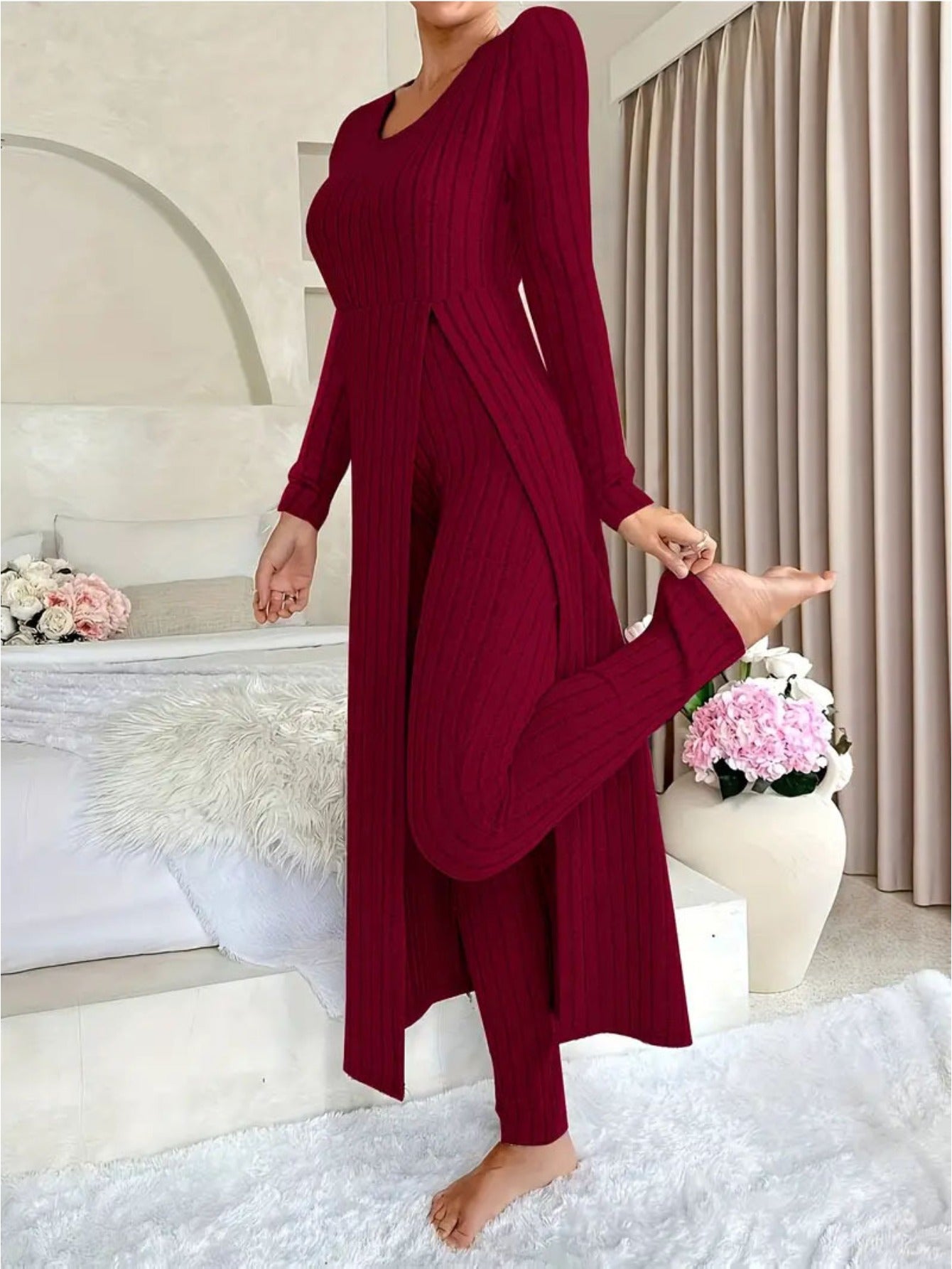 Women'S Heavyweight Fleece Two-Piece Set - Oversized Long Sleeve Lounge Outfit with Wide-Leg Pants, Cozy Winter Warmth, Soft Ribbed Texture & Minimalist Design for Home, Office, Casual Outings - Fall Winter Clothing (No Transparency