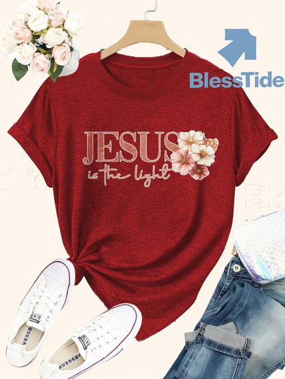Jesus Floral Cross Double-Sided Print T-shirt - Stylish Faith-Inspired Design for Casual Wear, Perfect for Christian Women, Trendy and Comfortable -blend T-shirt with Double-sided Print