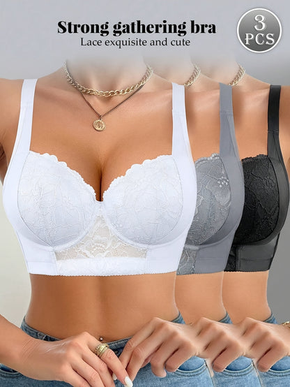 3pcs Lace Lingerie Women'S Comfortable Bra With Steel Band
