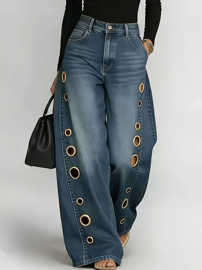 [Retro Denim Jeans] New Retro Style Denim Jeans for Women, With Metal Eyelets Designed for Casual And Loose Fit, High Waisted And Wide Leg Jeans, Street Cool Women's Clothing, Black Retro Blue Light Blue Women's Straight Leg Denim Pants