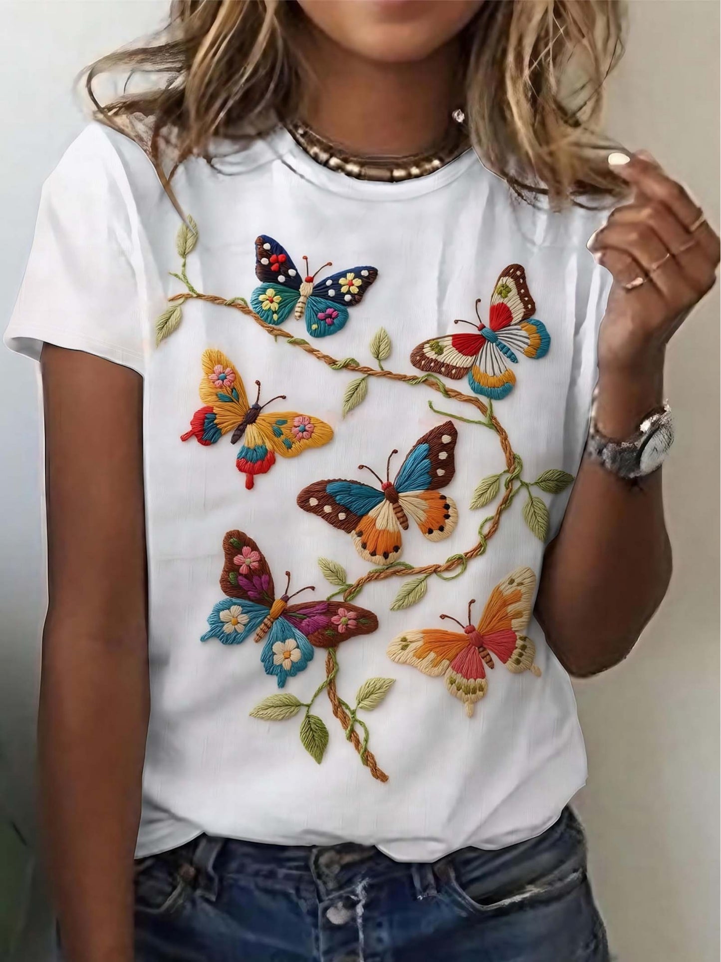 Forest Style Butterfly Wreath Short Sleeve T-Shirt Round Neck Loose White Top Artistic Retro Gentle Style Niche Design Short Sleeve