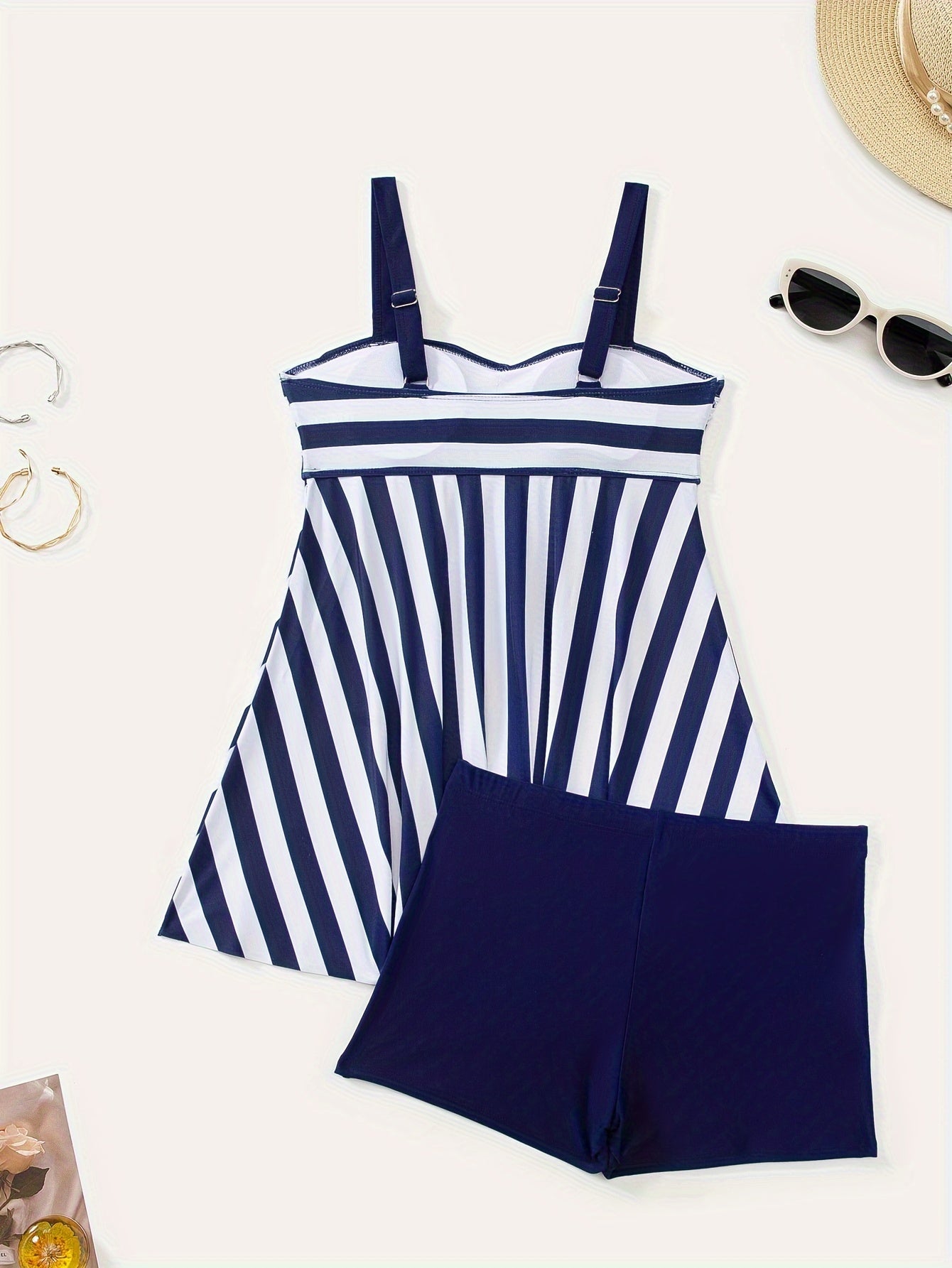 Striped Print 2 Piece Set Tankini, Ruched Skirted Boxer Short Bottom Swimsuits, Women's Swimwear & Clothing