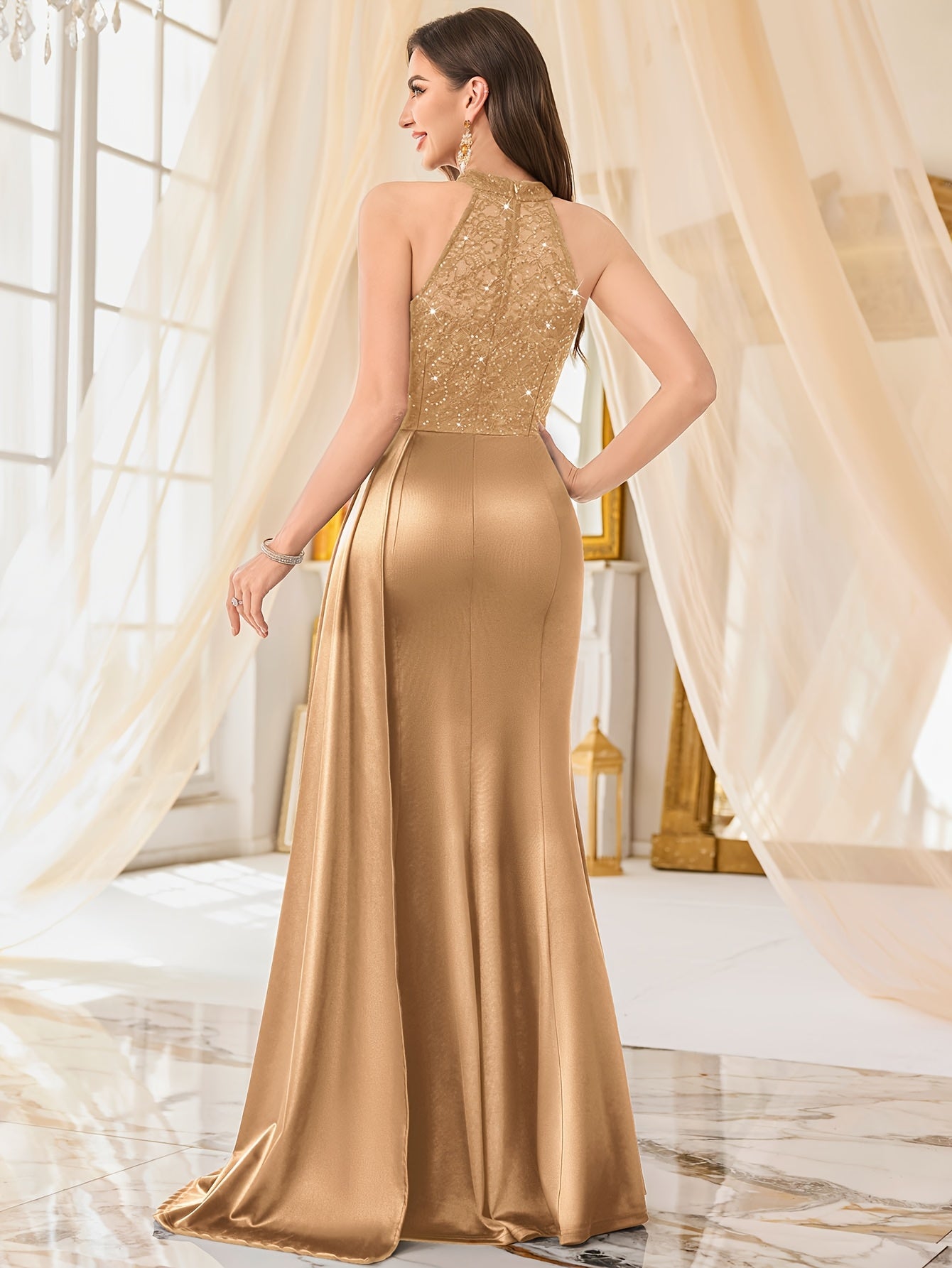 55630A Elegant Womens Sleeveless Sequin Lace Evening Maxi Dress Halter Neck Sheer Lace Patchwork Satin Ruched Waist Bodycon High Side Slit For Wedding Season Graduation Season Formal Wedding Guest Bridesmaid Cruise Party