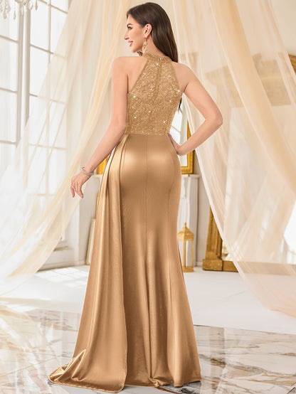 55630A Elegant Womens Sleeveless Sequin Lace Evening Maxi Dress Halter Neck Sheer Lace Patchwork Satin Ruched Waist Bodycon High Side Slit For Wedding Season Graduation Season Formal Wedding Guest Bridesmaid Cruise Party