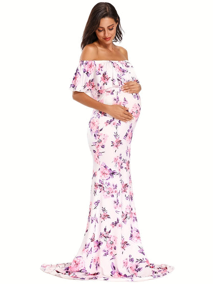 Womens Off Shoulder Maternity Dress Ruffles Elegant Slim Gowns Fit Maxi Photography Dress