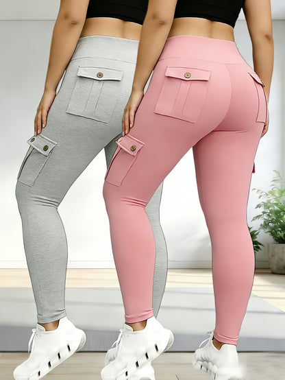 2 Pairs of Women'S Plus Size Tight Workwear Style Pants with Multiple Pockets, Sports Running Casual Daily Exercise Pants, Yoga Pants, High Waist And Hip Lifting, 2pcs Set of Spring, Summer And Autumn Pants, Shipped from Local Warehouse