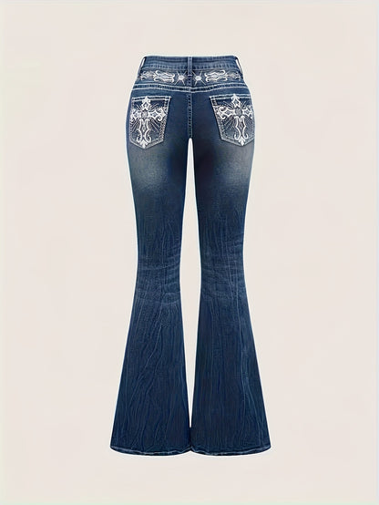 Women'S Vintage Stretch Flare Jeans - Cross Embroidery & Belt Loop Detailing, Slim Fit Elegant Denim for All-Season Wear