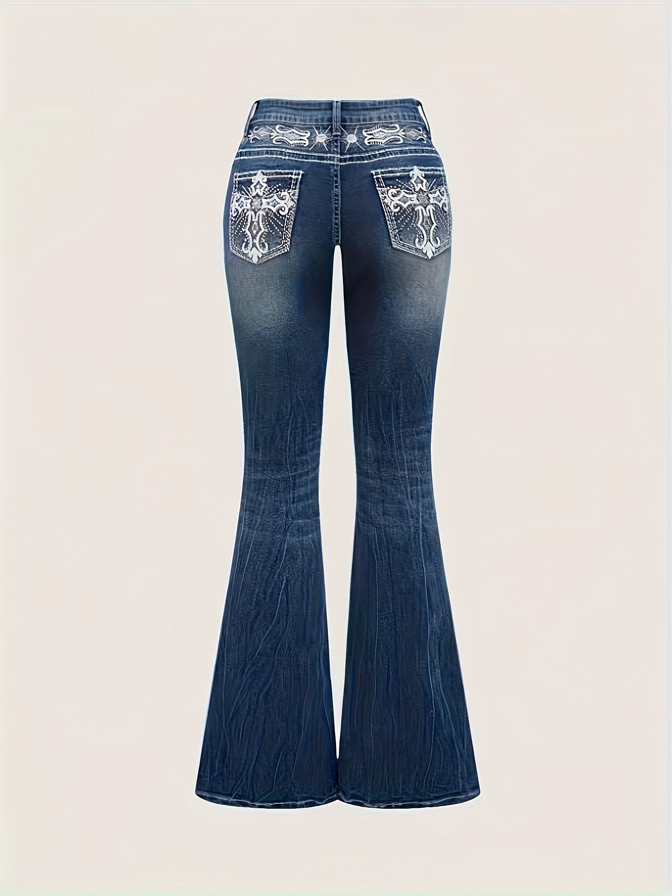 Women'S Vintage Stretch Flare Jeans - Cross Embroidery & Belt Loop Detailing, Slim Fit Elegant Denim for All-Season Wear