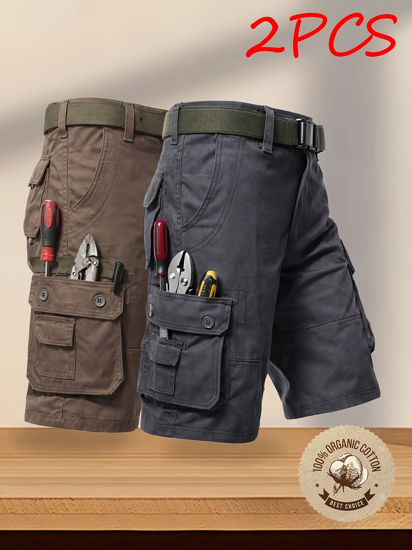 2-Pack Men'S New Multi-Pocket Work Shorts, 100% Pure Skin-Friendly And Breathable Fabric, Running, Travel, And Hiking Shorts, Wrinkle-Resistant And Durable Shorts