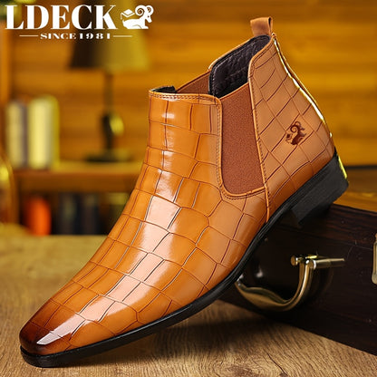 Men's Slip-On High-Top Short Boots - Black Round Toe Rubber Sole,  Upper with Polished Finish, Comfortable All-Season Footwear Suitable for Weddings, Business, Parties & Daily Wear - Casual Business Boots