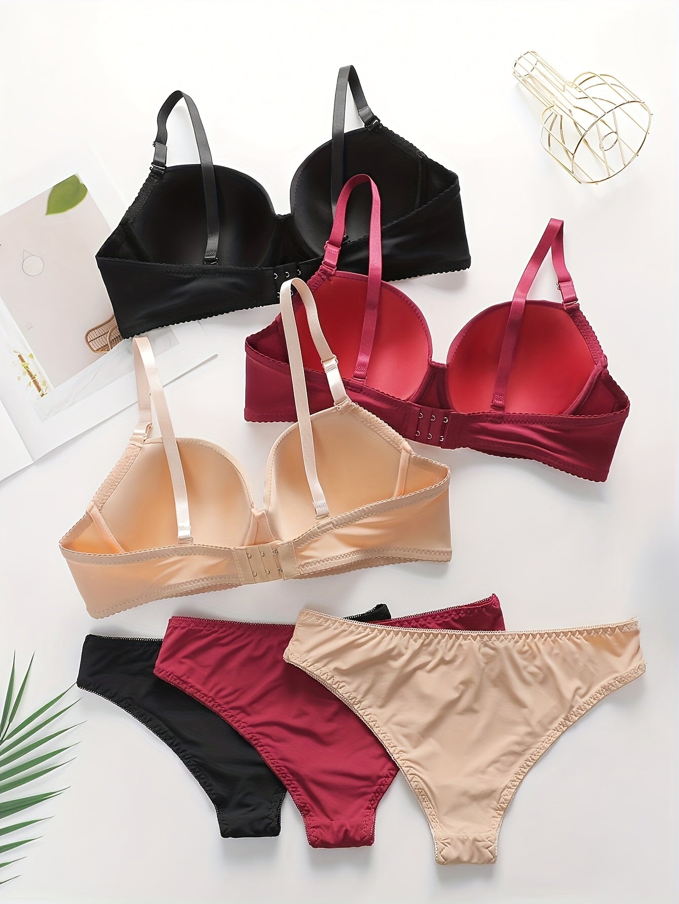 3 Sets Elegant Solid Color Polyamide Bra & Briefs Set, High Support Mid Rise Briefs with Non Removable Padding, Women's Lash Sets