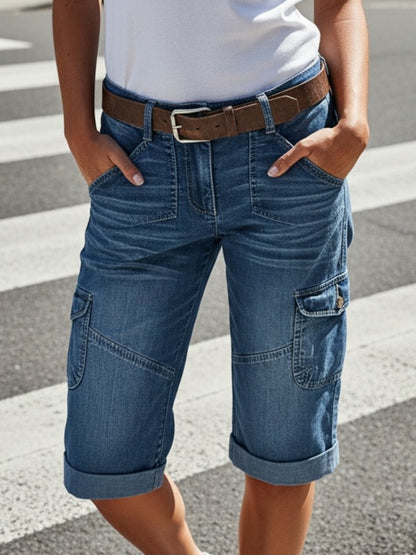 Cargo Casual Women Five Points You Jeans, Heavy Washing, Splicing Design Point, Elastic Fabric Comfortable And Hip Lifting, Women's Summer Leisure Jeans