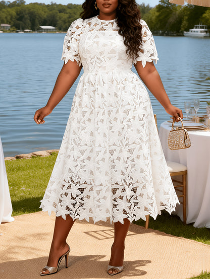 Plus Size - Plus Size - Plus Size Round Neck Lace Dress, Elegant Midi Length with Waist Definition, Formal Banquet And Evening Gown