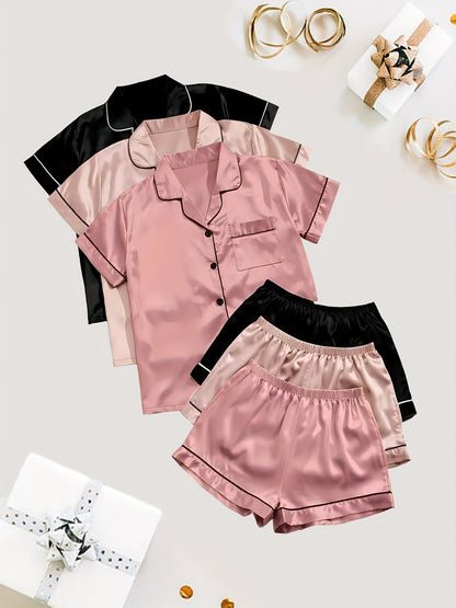 Black + Champagne + Pink Satin Short-Sleeve Shorts - product view 5
