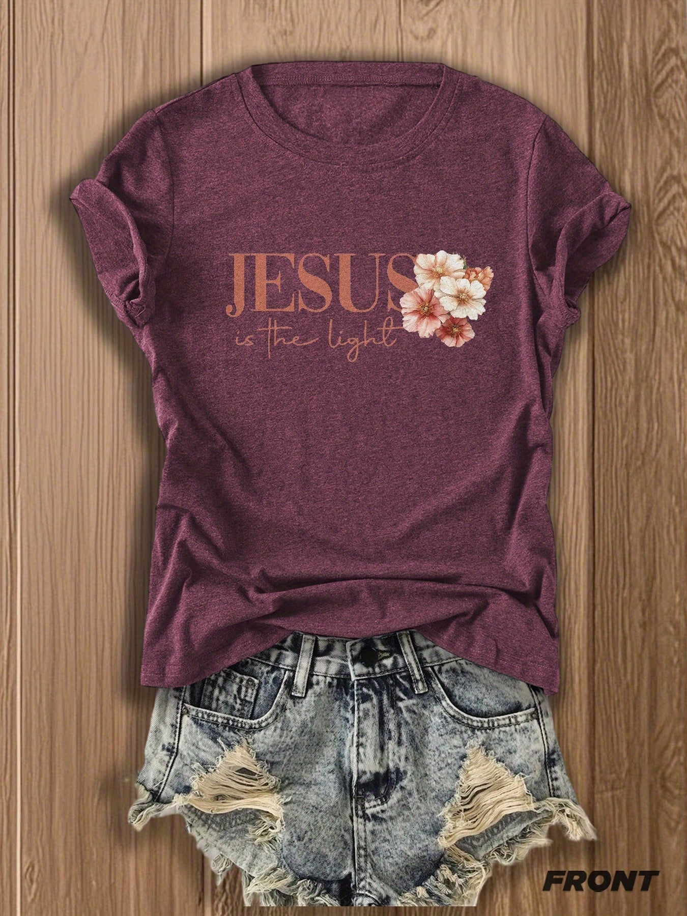 Jesus Floral Cross Double-Sided Print T-shirt - Stylish Faith-Inspired Design for Casual Wear, Perfect for Christian Women, Trendy and Comfortable -blend T-shirt with Double-sided Print
