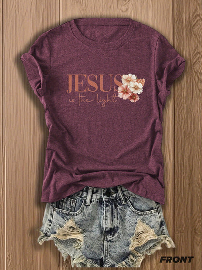 Jesus Floral Cross Double-Sided Print T-shirt - Stylish Faith-Inspired Design for Casual Wear, Perfect for Christian Women, Trendy and Comfortable -blend T-shirt with Double-sided Print