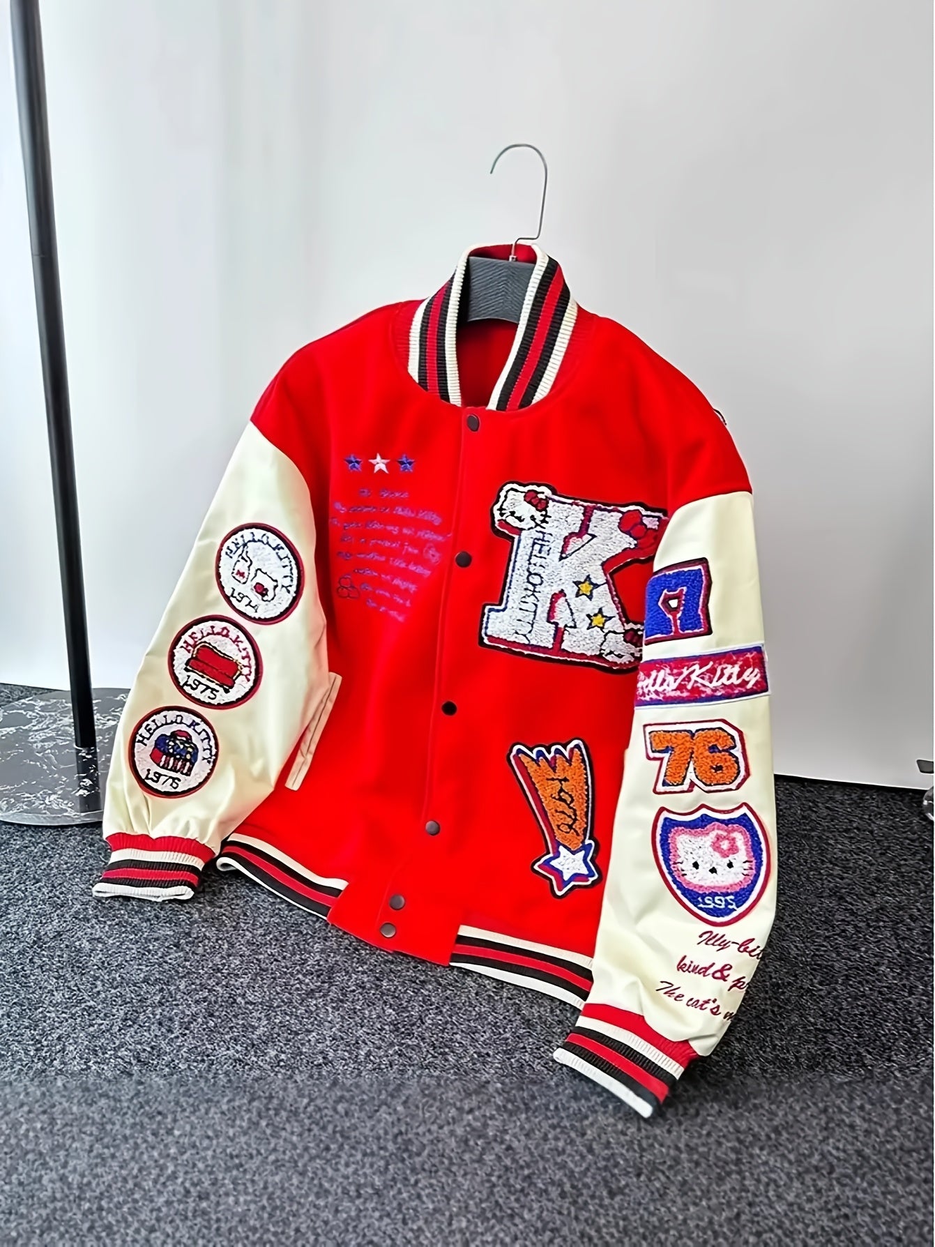 for sanrio Licensed Women'S Jacket Featuring Hello Kitty And Kuromi Patches - Lightweight Spring And Autumn Coat, Cute Anime Character Outerwear, Perfect For Parties And Everyday Wear - Iconic Brand Accessories (a Must-have For Sanrio Fans)