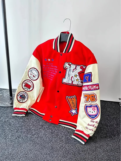for sanrio Licensed Women'S Jacket Featuring Hello Kitty And Kuromi Patches - Lightweight Spring And Autumn Coat, Cute Anime Character Outerwear, Perfect For Parties And Everyday Wear - Iconic Brand Accessories (a Must-have For Sanrio Fans)