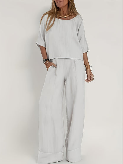 Elegant Two-Piece Set Short Sleeve High-Waisted Pants Suit