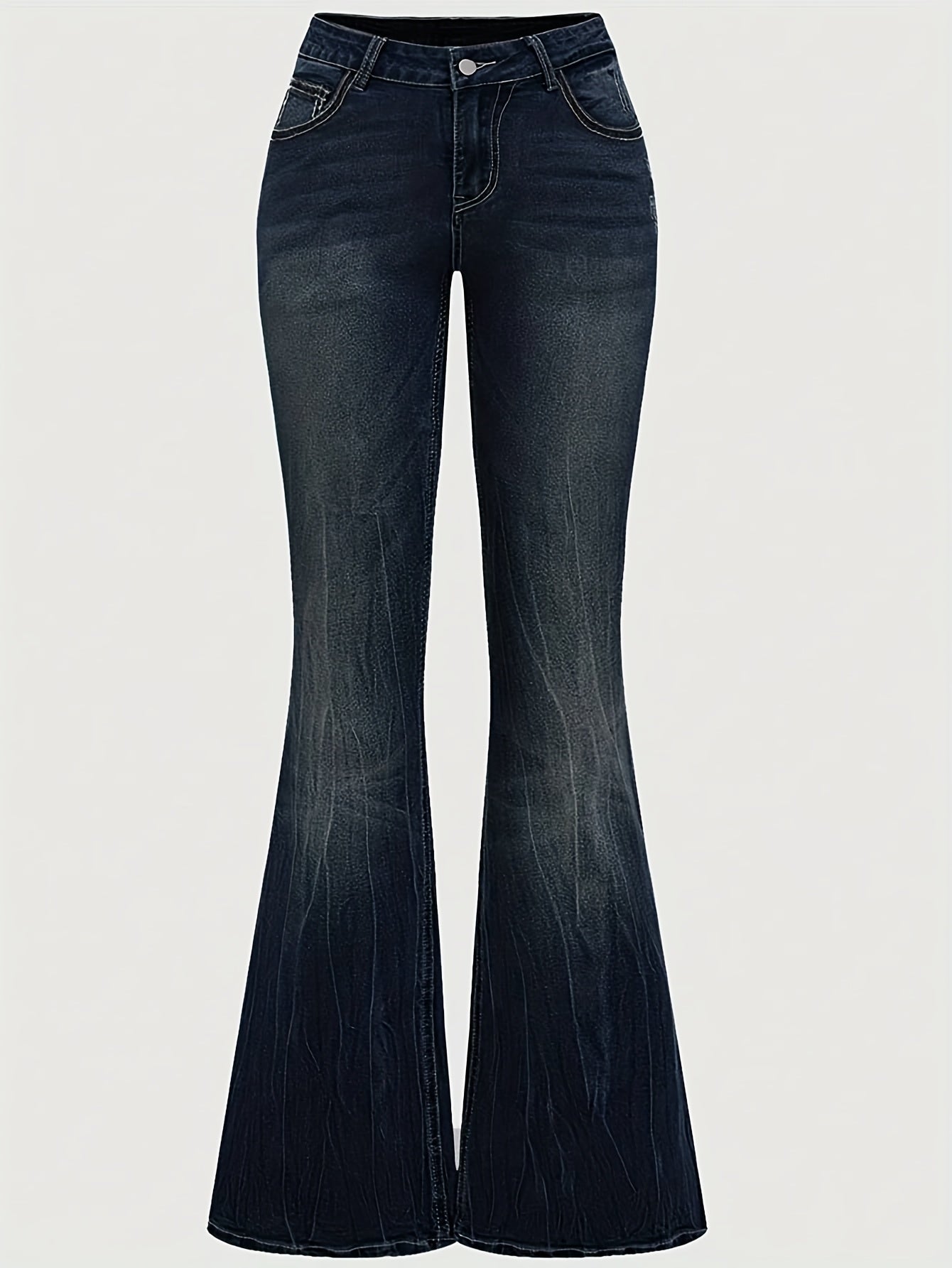 Women'S Vintage Stretch Flare Jeans - Cross Embroidery & Belt Loop Detailing, Slim Fit Elegant Denim for All-Season Wear