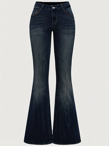 Women'S Vintage Stretch Flare Jeans - Cross Embroidery & Belt Loop Detailing, Slim Fit Elegant Denim for All-Season Wear