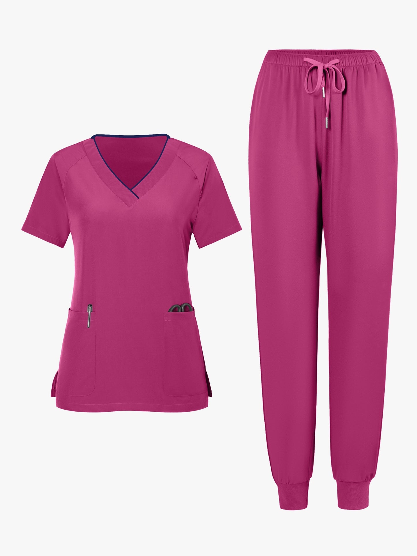 2pcs Set Of Top And Pants, Women's V-neck Frosted Breathable Pocket S Uniform, Brushed Hand Clothes, Work Clothes, Hand Washing Clothes, Pocket Clothes, Leg Binding Pants Set