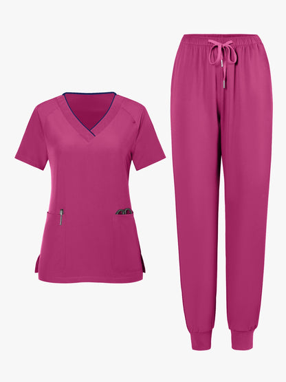 2pcs Set Of Top And Pants, Women's V-neck Frosted Breathable Pocket S Uniform, Brushed Hand Clothes, Work Clothes, Hand Washing Clothes, Pocket Clothes, Leg Binding Pants Set