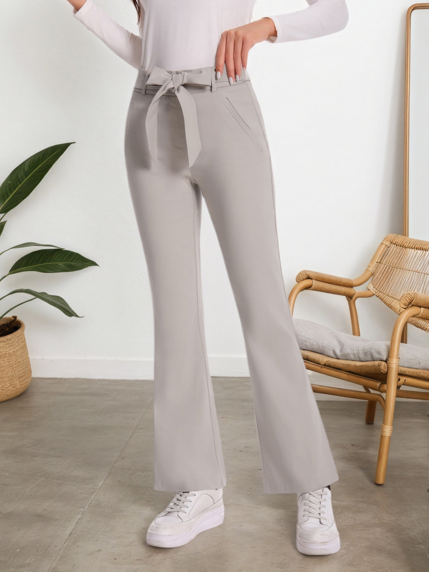 Elegant Plaid Flare Trousers for Women Featuring a High Waist And Tie Belt, Designed for a Slim Fit with Pockets, Perfect for Office Wear